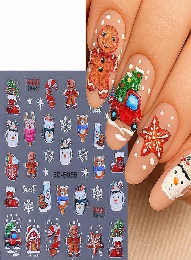 SWEET TREND 3D Christmas Nail Art Stickers – 4pcs Cute Embossed Santa Snowman Bear Gingerbread Man Snowflake Nail Decals - DIY Holiday Manicure at Home - Festive Nail Decorations for Women - Image 2